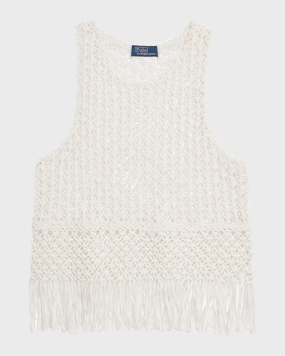 Pointelle-Knit Macrame-Fringe Cotton Top